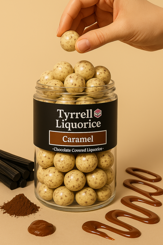 Tyrrell Liquorice Caramel | Sweet Black Liquorice Coated with Caramel Flavoured White & Milk Chocolate