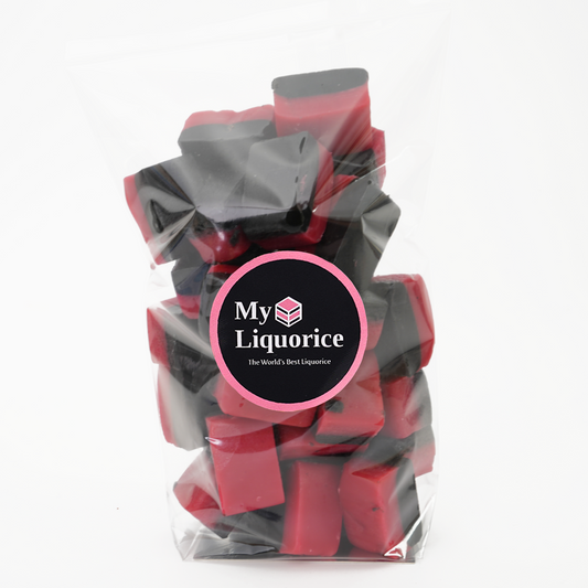 Packaged red and blakc liquorice fudge with 'My Liquorice' label on a white background