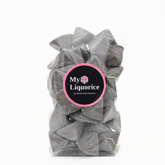 Bag of light gray liquorice with 'My Liquorice' label on a white background