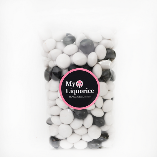 Bag of black and white liquorice with 'My Liquorice' label on a white background