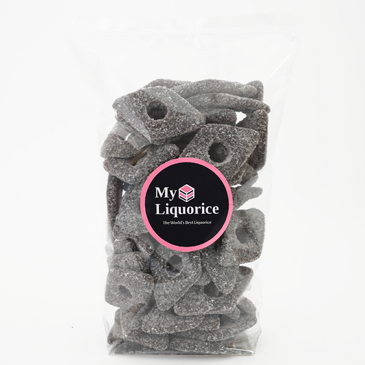 Bag of My Liquorice sweet and salty coated diamond liquorice candy on a white background