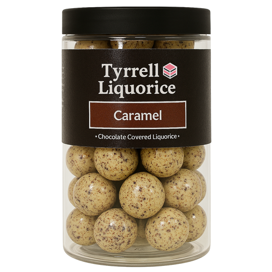Jar of Tyrrell Liquorice Caramel on a white background