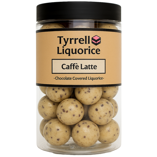 Jar of Tyrrell Liquorice Caffe Latte on a white background