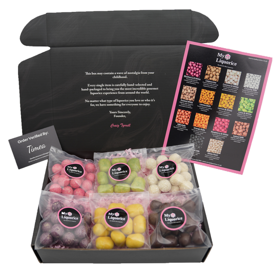 Chocolate Gift Box - 6 different packs of chocolate coated liquorice in a gift box