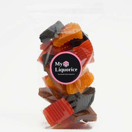 Packaged assortment of colorful liquorice gummy sweets on a white background with 'My Liquorice' logo.