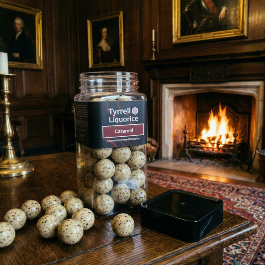 Tyrrell Liquorice Caramel | Sweet Black Liquorice Coated with Caramel Flavoured White & Milk Chocolate