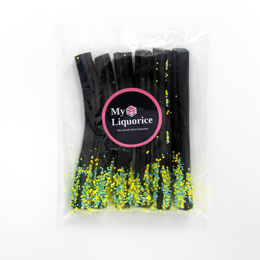 Liquorice Wands soft black liquorice dipped in crunchy candy sprinkl