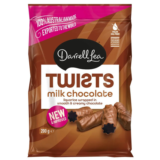 Darrell Lea Milk Chocolate Black Liquorice Twists bag - Australian Soft Eating Liquorice