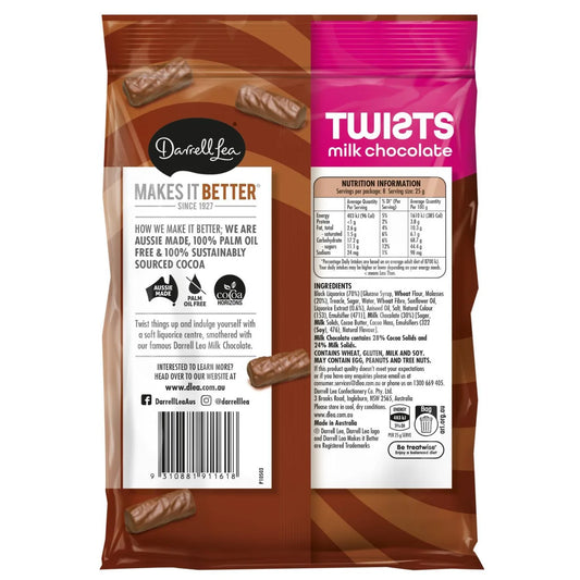 Darrell Lea: Milk Chocolate Black Liquorice Twists (Soft Eating)