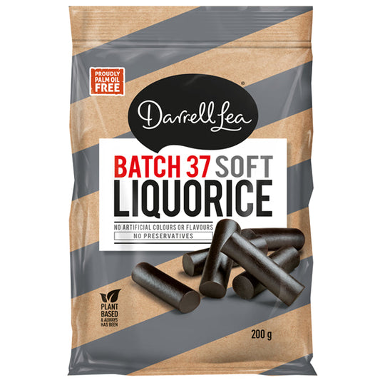 A 200g bag of Darrell Lea Batch 37 Soft Liquorice, featuring dark brown liquorice sticks printed on the front of the packaging, set against a plain white background.