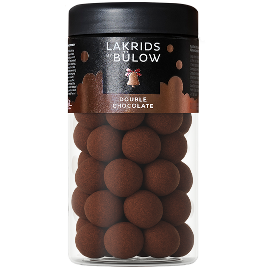 Jar of Lakrids by Bülow Double Chocolate Liquorice Coated in Chocolate on a white background


