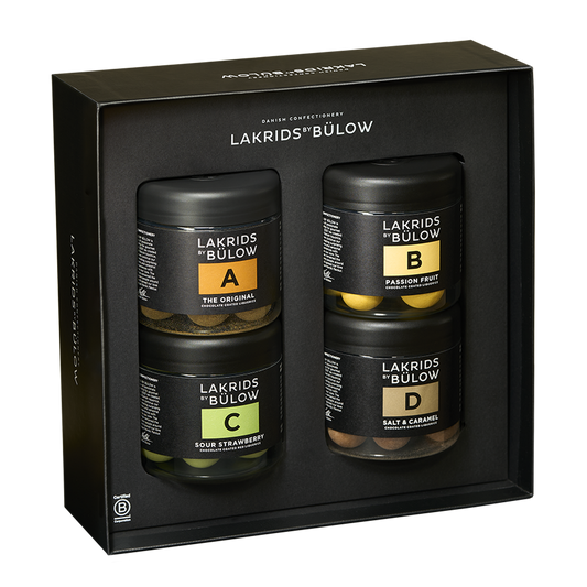 Gift box with 4 x 115g tubs of Lakrids by Bülow Chocolate coated black and red liquorice