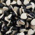 Schwarze und weiße Herzen – italienische Gummi-/Schaum-Lakritzbonbons.