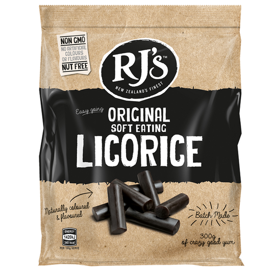 A 300g bag of RJ's Original Soft Eating Licorice on a plain white background. The packaging is made of brown kraft paper with a large black band across the middle featuring the RJ's logo and product name in white text, with a photo of several black licorice sticks on the front.