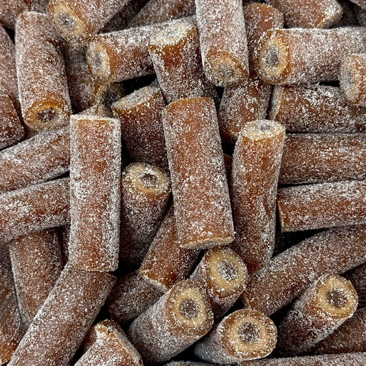 Toms Salt Caramel Liquorice Cable Bites - sweet & salty caramel tubes of liquorice filled with mild Salmiac Fondant
