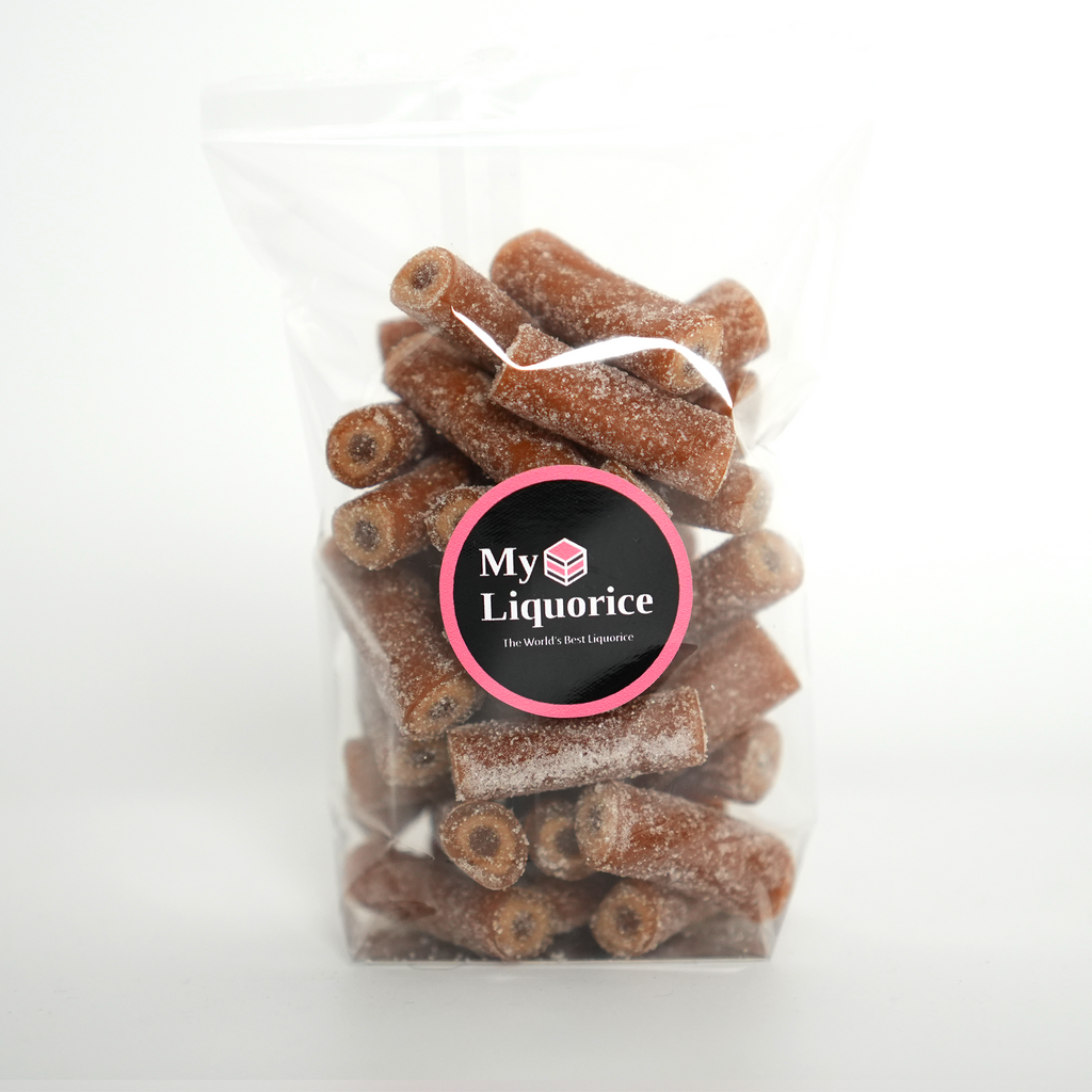 Toms Salt Caramel Liquorice Cable Bites - sweet & salty caramel tubes of liquorice filled with mild Salmiac Fondant