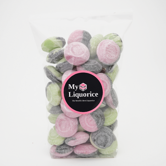 Packaged colourful hardboiled liquorice candy with 'My Liquorice' label on a white background

