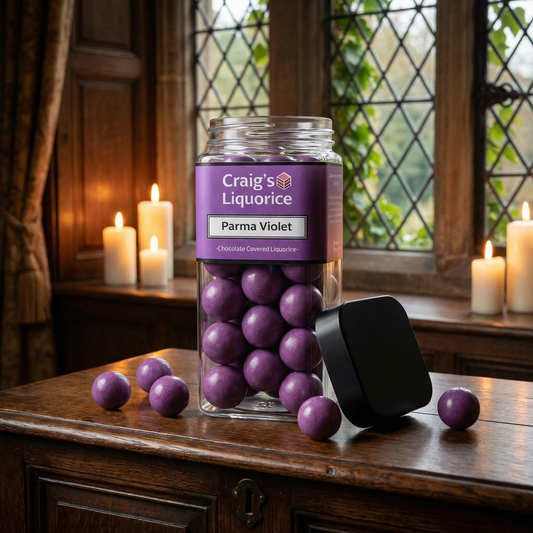 Parma Violet Flavoured White Chocolate Covered Liquorice | Craig's Liquorice