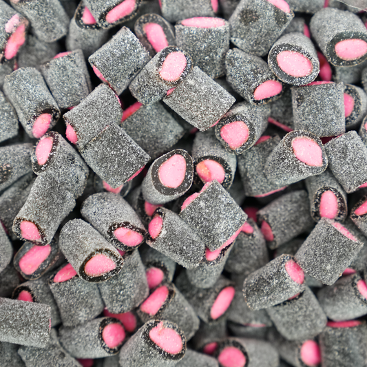 NEW Raspberry & Liquorice Fizzy Stubs - Mild salty black liquorice with raspberry fondant filling