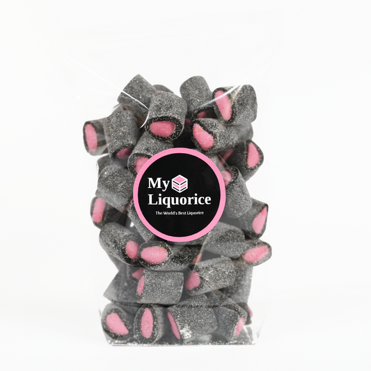 NEW Raspberry & Liquorice Fizzy Stubs - Mild salty black liquorice with raspberry fondant filling