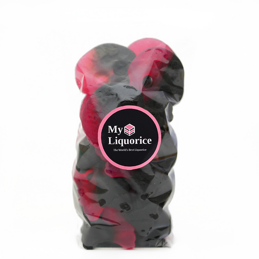 Raspberry Liquorice Skulls - liquorice/raspberry skull shaped soft gummy sweets