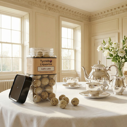 Tyrrell Liquorice Caffè Latte | Sweet Black Liquorice Coated with Coffee Flavoured White & Milk Chocolate