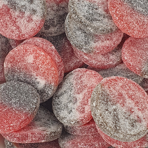 strawberry liquorice hard disc sweets close-up