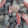 close-up of Swedish salty liquorice shapes