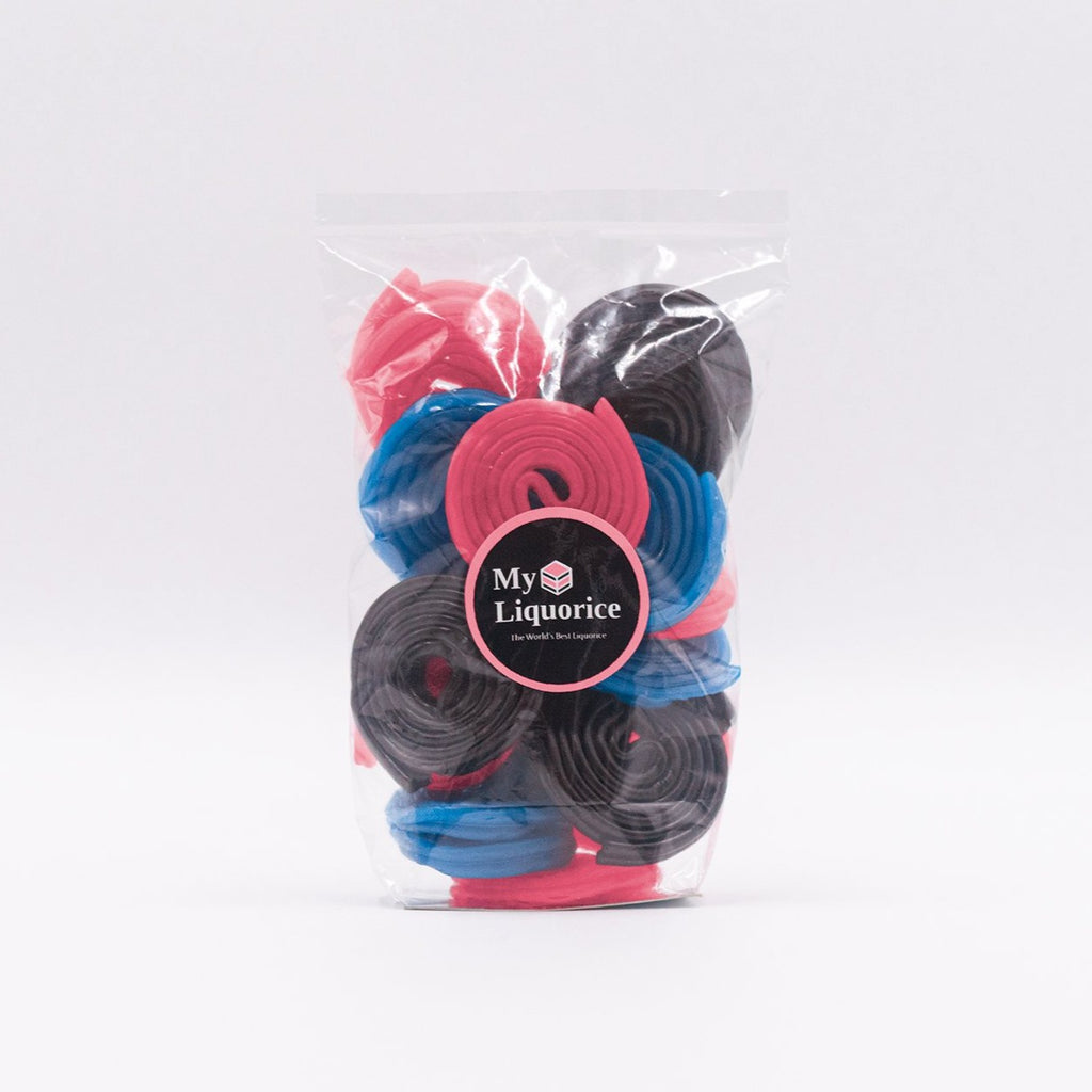 Wheel Mix - Our own mix of black liquorice/red strawberry/blue raspberry flavoured candy rolls