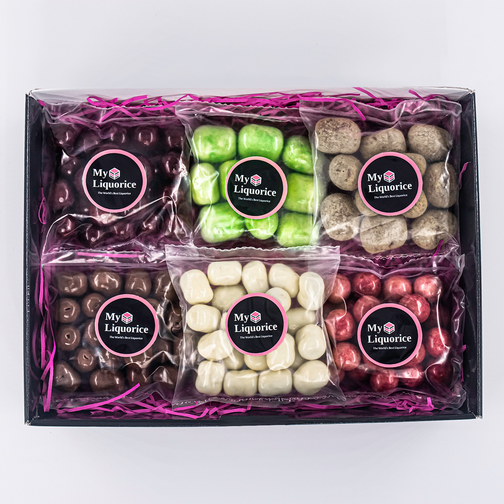 Chocolate Gift Box - 6 different packs of chocolate coated liquorice in a gift box