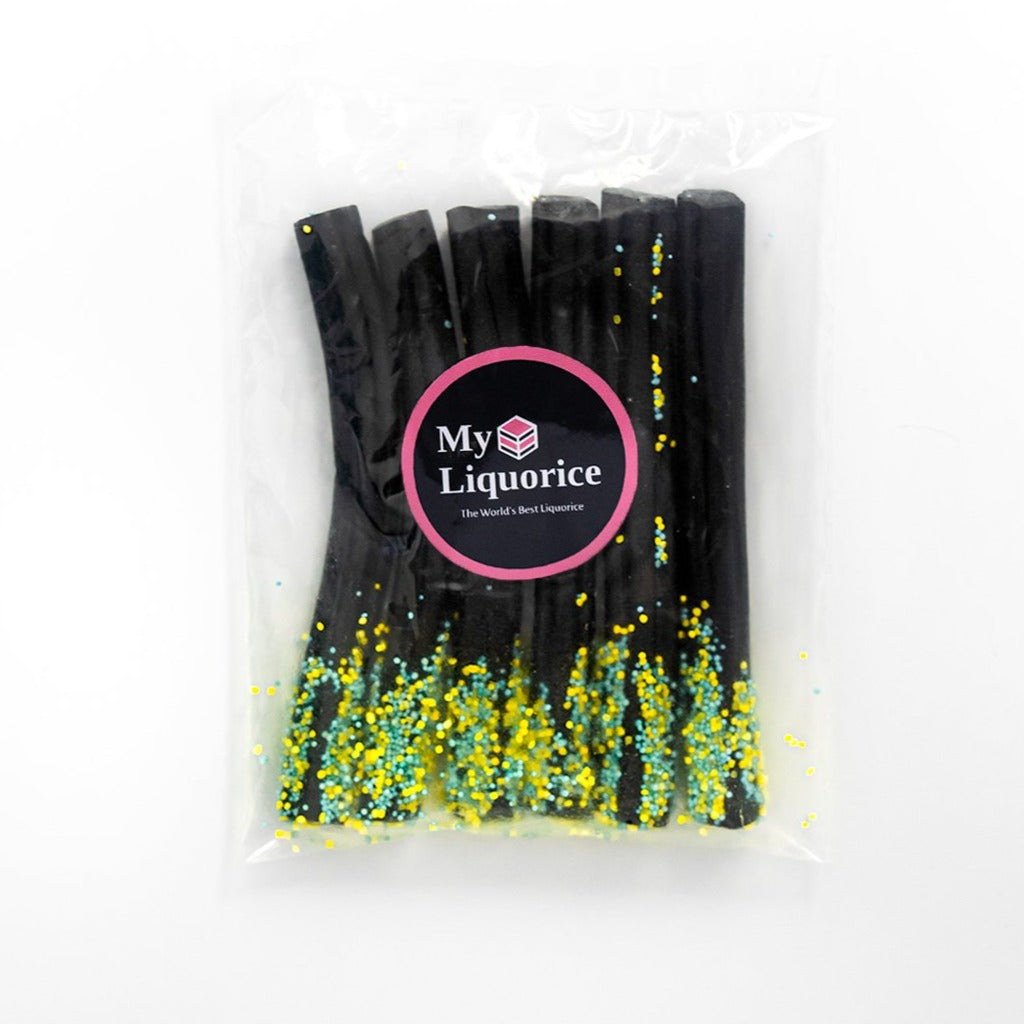 Liquorice Wands - soft black liquorice dipped in crunchy candy sprinkles