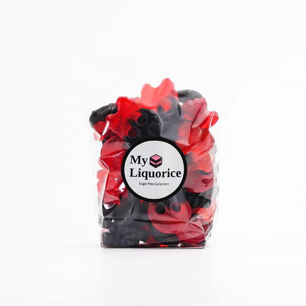 Sugar Free Raspberry Skulls - liquorice/raspberry skull shaped sweets with sweeteners