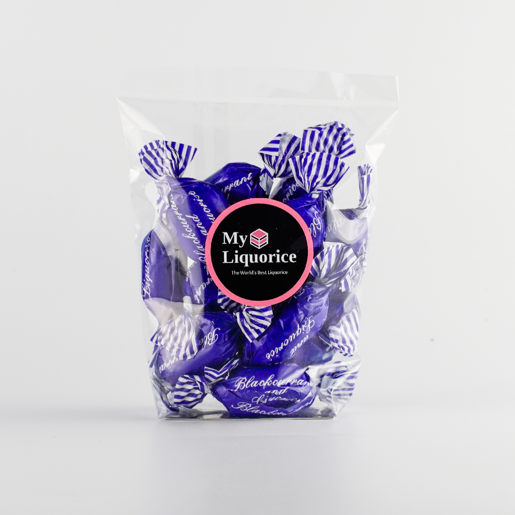 Hard boiled Blackcurrant & Liquorice - hard sweets with a chewy liquorice toffee centre